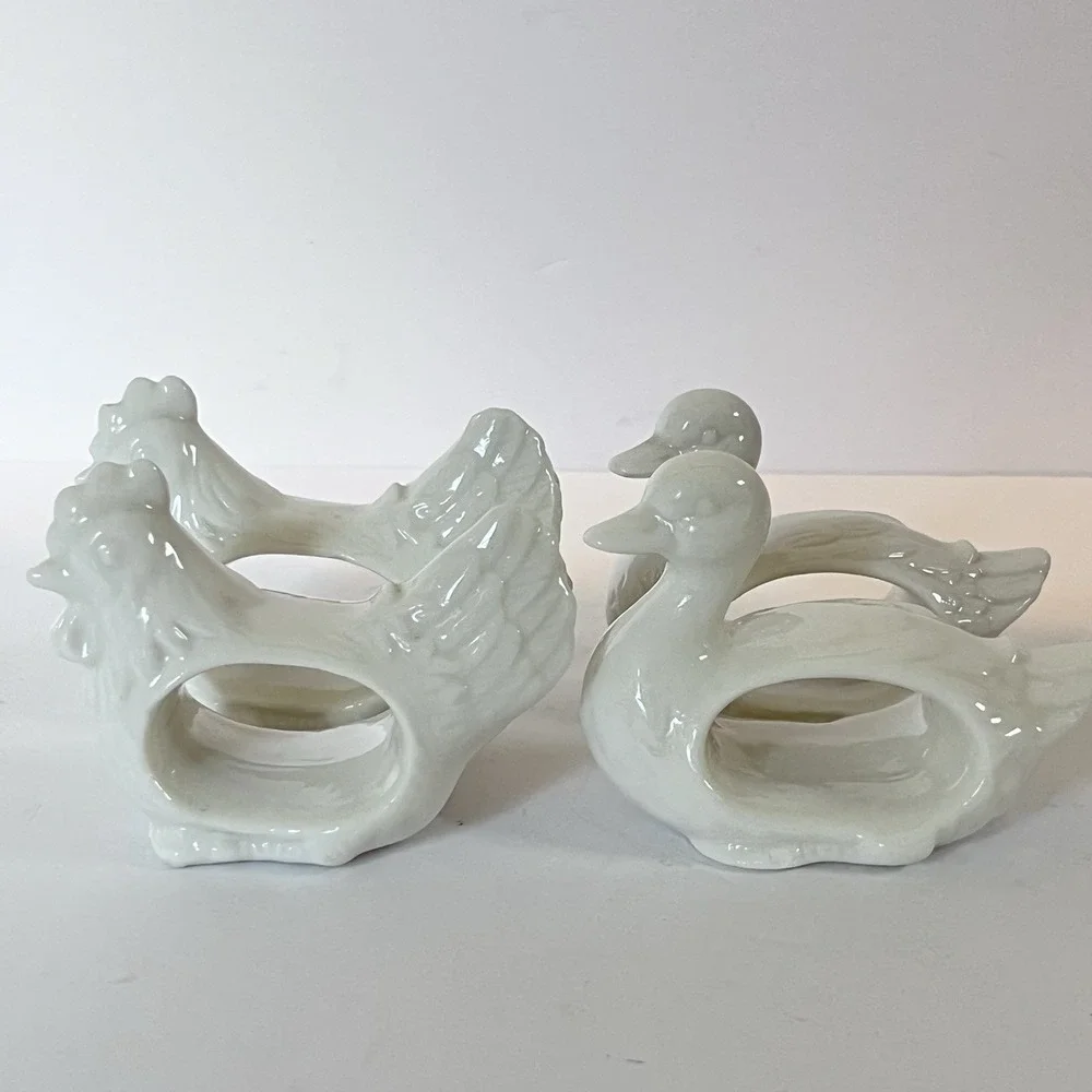 4 Vintage Shafford Porcelain‎ Napkin Ring Holders Duck Chicken Cottage Country